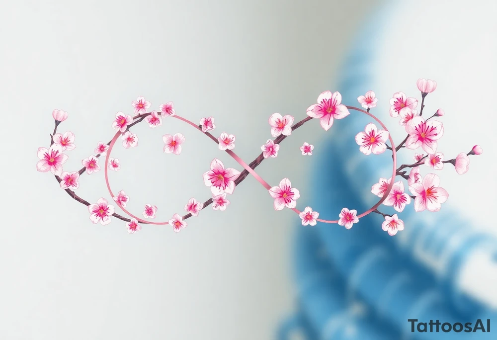 An infinity symbol with blooming cherry blossoms and hearts, in soft pink and white tones tattoo idea