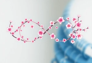 An infinity symbol with blooming cherry blossoms and hearts, in soft pink and white tones tattoo idea