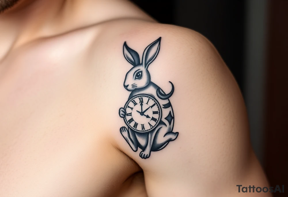 Tribal Rabbit holding a Clock tattoo idea
