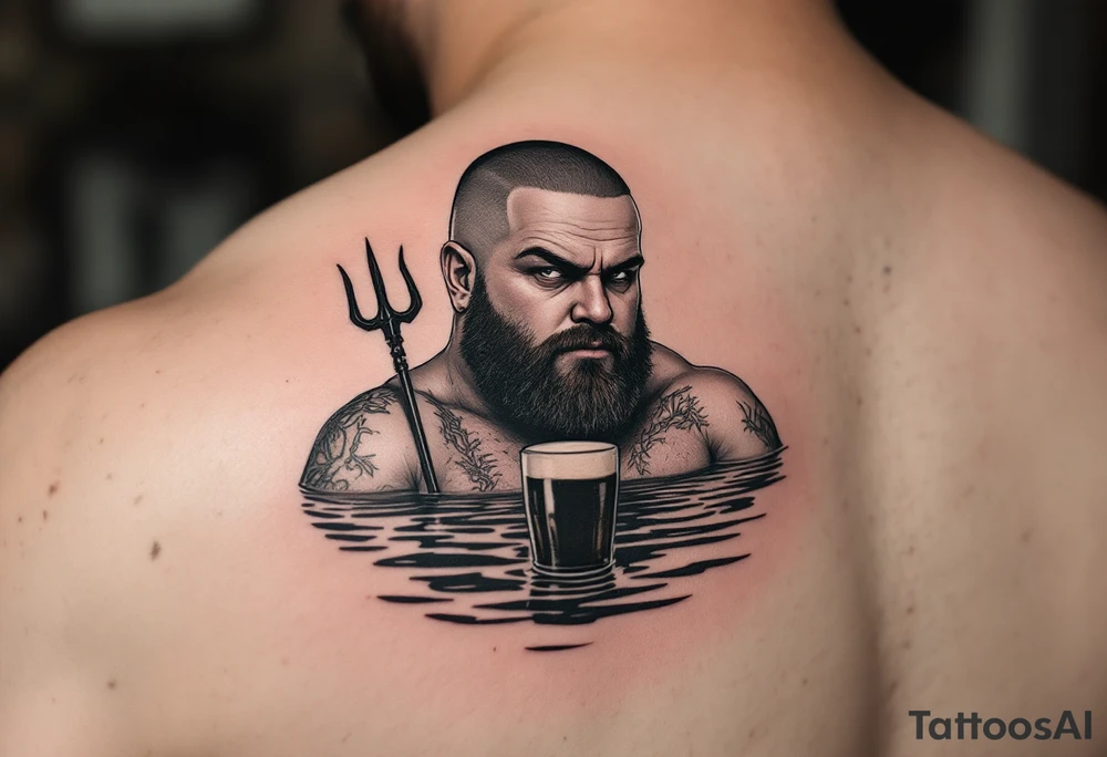 Gay fat guy, shaved face, with trident, half way in calm water, with a beer tattoo idea