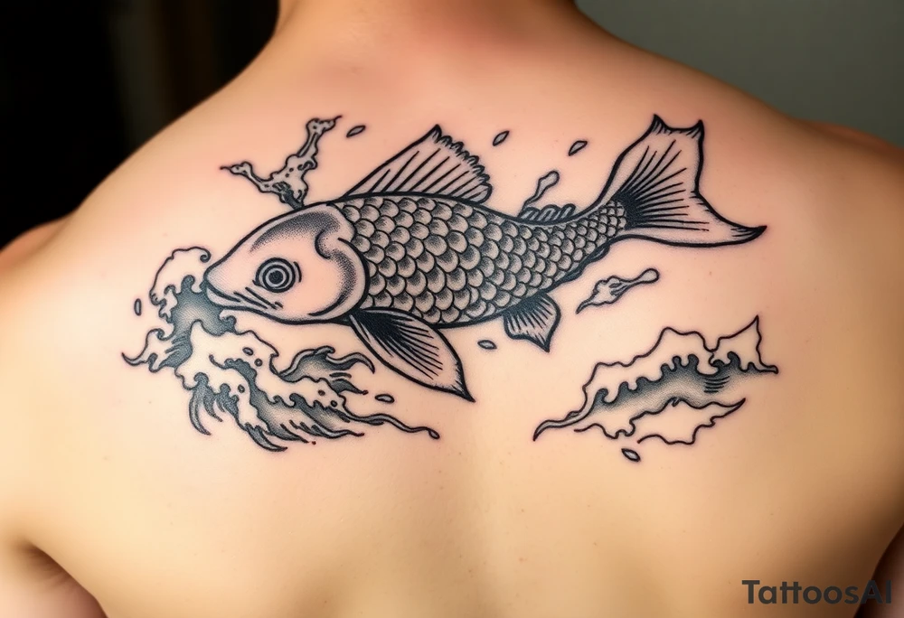 traditional koi fish swimming upstream through turbulent waves tattoo idea