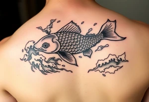 traditional koi fish swimming upstream through turbulent waves tattoo idea