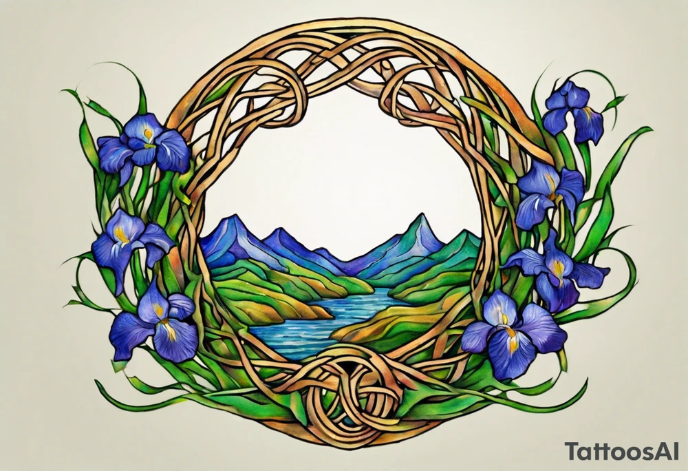 Create a small, colorful Vincent van Gogh Irises tattoo in the form of a crescent, with vines in Celtic knot style gracefully intertwining at a central point in the middle of the wreath. The intended placement is on the upper chest. The middle needs mountains. The overall design should be small in size while maintaining a delicate and artistic aesthetic. Pay attention to the graceful flow of the vines and the placement of the irises to achieve a refined and elegant look. tattoo idea