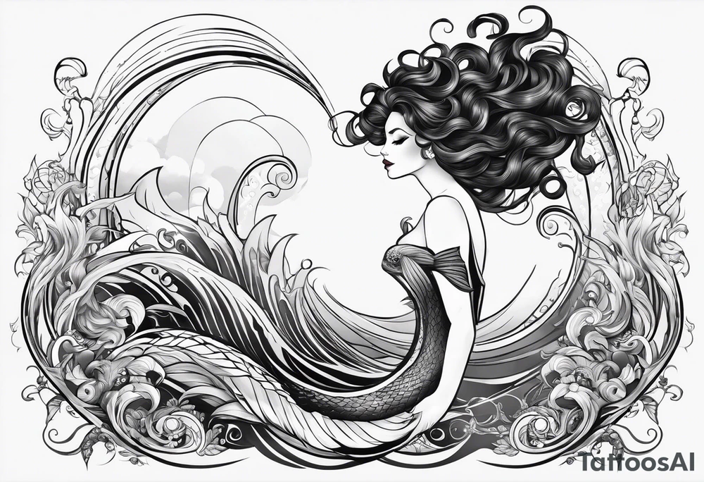 A siren with curly dark hair swimming upward reaching up, with a long tail. Make her tail long straight up and down and visible tattoo idea