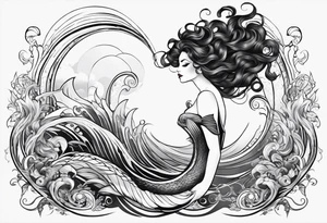 A siren with curly dark hair swimming upward reaching up, with a long tail. Make her tail long straight up and down and visible tattoo idea