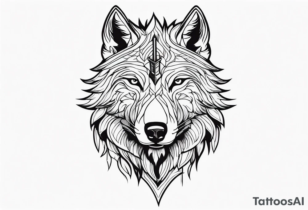 a head of savage wolf with a sword in its mouth tattoo idea