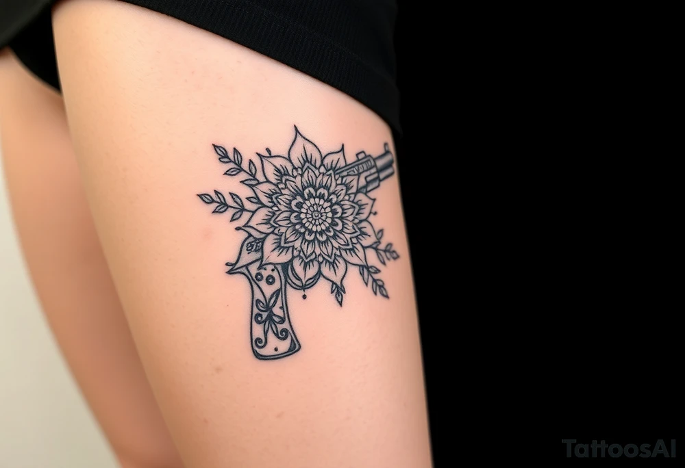 Gun mandala and flowers tattoo idea