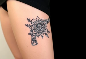 Gun mandala and flowers tattoo idea