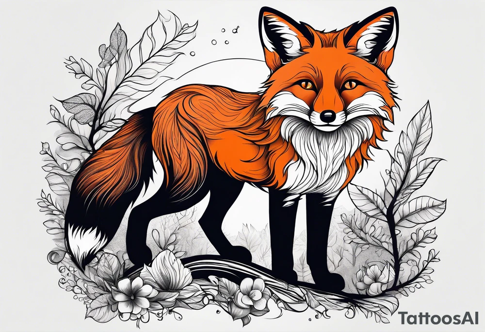 A playful fox with a bushy tail, set in a lush forest, illustrating cleverness and adaptability.” tattoo idea