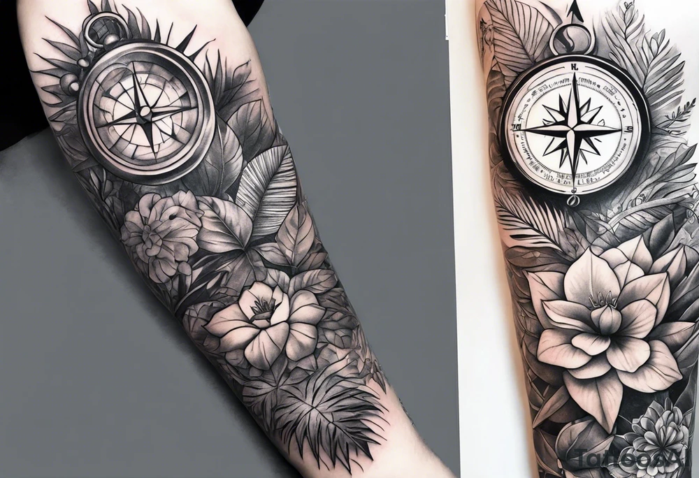 full arm sleeve tattoo with jungle plants, compass, eye tattoo idea