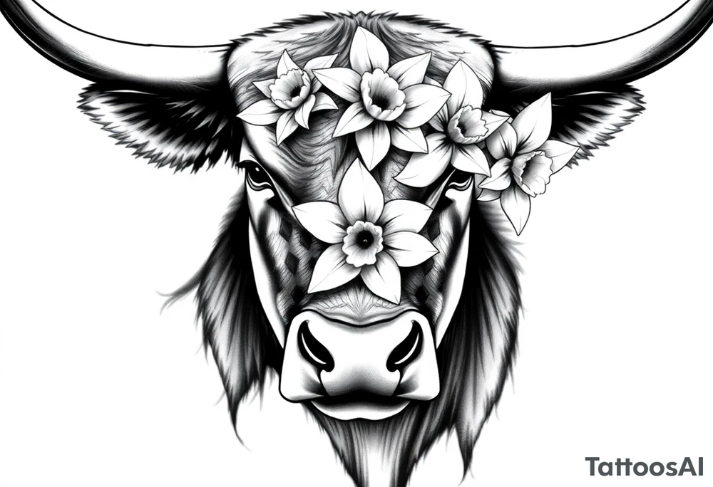 Bull with daffodils feminine tattoo idea