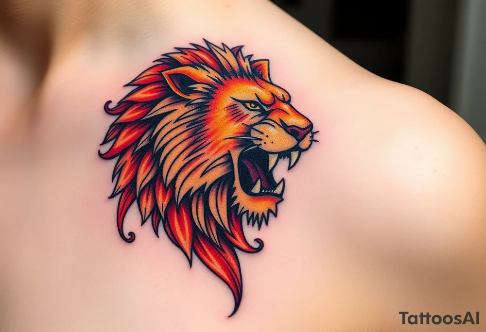 A detailed Czech lion with a golden crown, roaring powerfully, with deep red and black shading for contrast. tattoo idea
