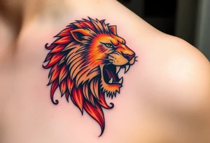 A detailed Czech lion with a golden crown, roaring powerfully, with deep red and black shading for contrast. tattoo idea