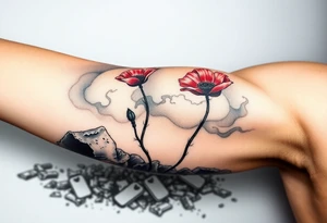 War zone with 2 poppy’s growing out of the smoke with dog tags laying on the ground tattoo idea