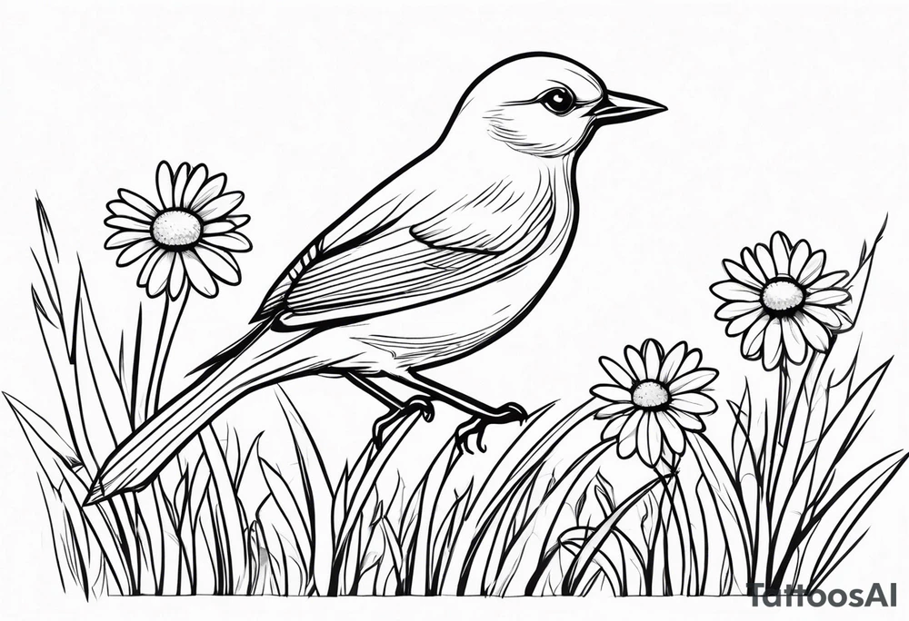 Little bird perched in grass with daisy tattoo idea
