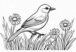 Little bird perched in grass with daisy tattoo idea