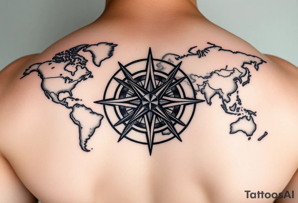 antique compass rose overlaid on weathered world map with sailing ships tattoo idea