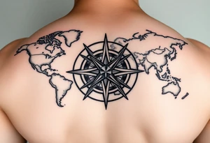antique compass rose overlaid on weathered world map with sailing ships tattoo idea