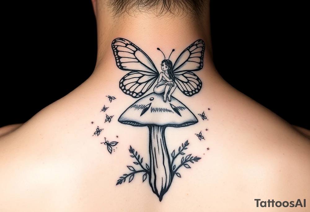 Butterfly fairy sitting on mushroom with fireflies tattoo idea