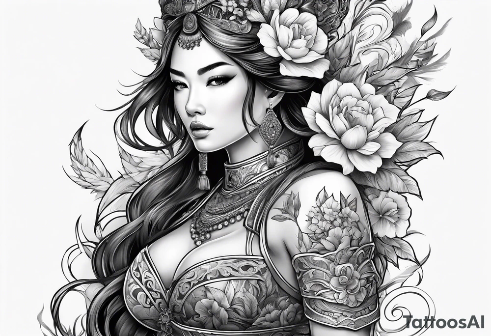 ornate beautiful woman warrior with weapon & floral surrounding tattoo from head to torso tattoo idea