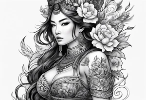 ornate beautiful woman warrior with weapon & floral surrounding tattoo from head to torso tattoo idea