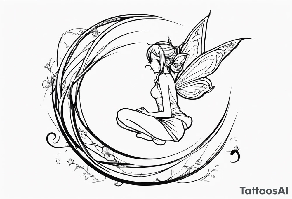 No color sketch of a fairy with a tail inspired by the guild symbol in the anime show called Fairy Tail in a fetal position leaning in and forward while crawled in hugging herself with hands a bit forward and her body is an angle while floating in the air tattoo idea
