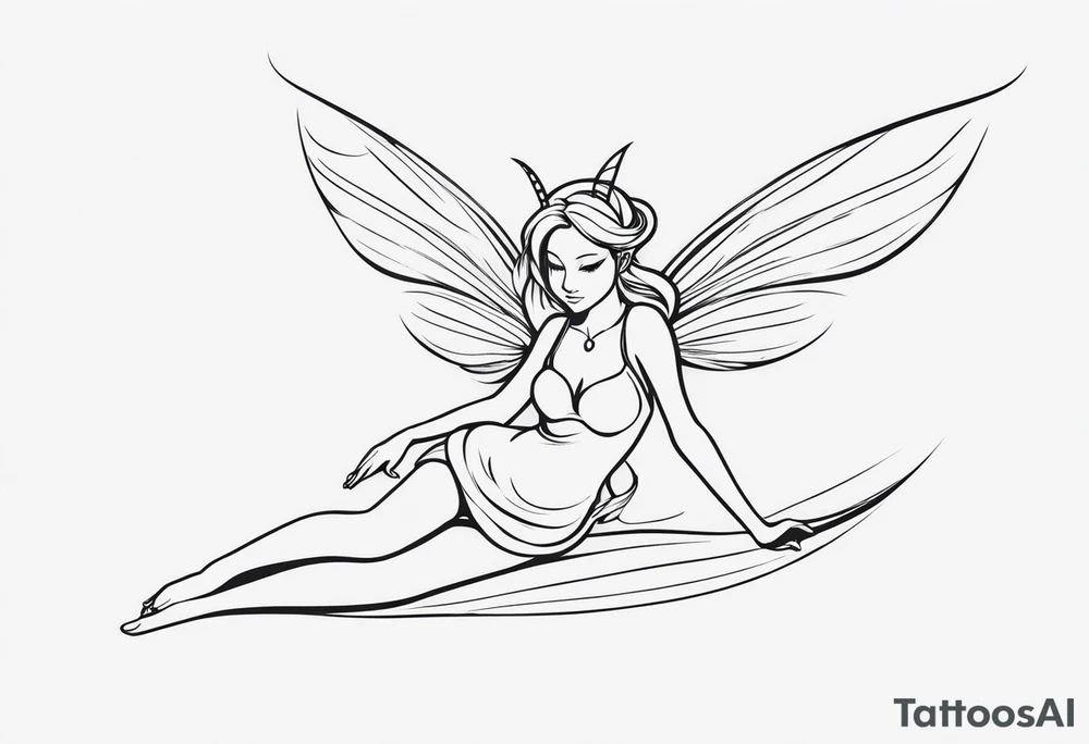 Minimalistic, monochromatic fairy with a tail flying to the left in a fetal position, leaning and looking in the same direction, with visible hands, embodying the 'Fairy Tail' logo aesthetic. tattoo idea