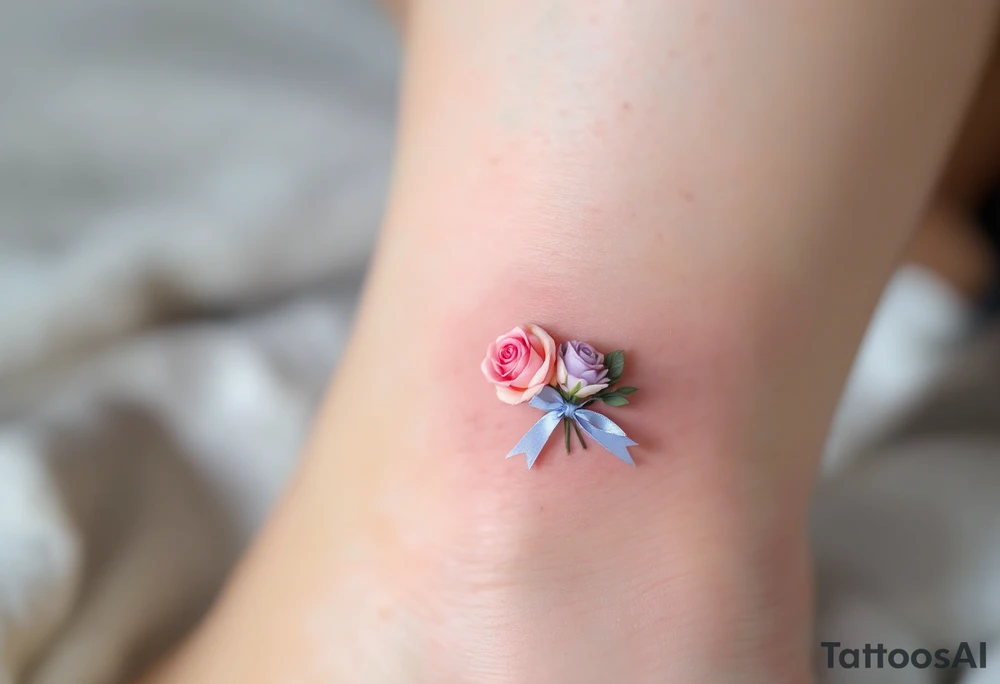 Tiny bunch of miniature pastel roses (pink, lavender, and cream) tied together with a soft blue ribbon. tattoo idea