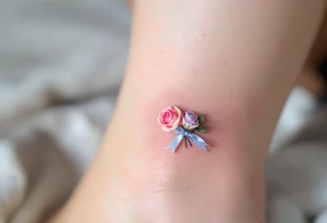 Tiny bunch of miniature pastel roses (pink, lavender, and cream) tied together with a soft blue ribbon. tattoo idea