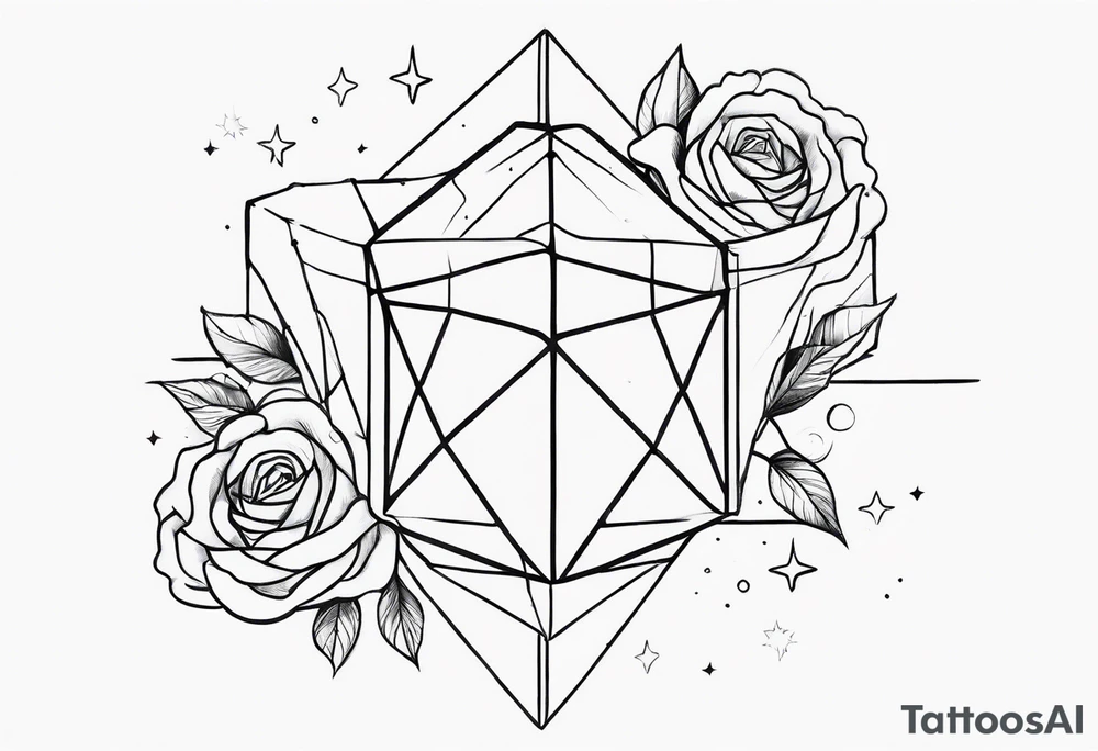 Tesseract with clouds small roses and stars around it tattoo idea