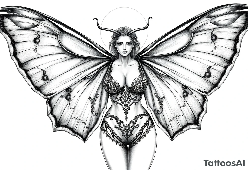 ethereal lunar moth resemblance powerfully sexy depiction of the goddess estate nude full frontal with exotic erotic lingerie orgasmic stare realistic tattoo idea