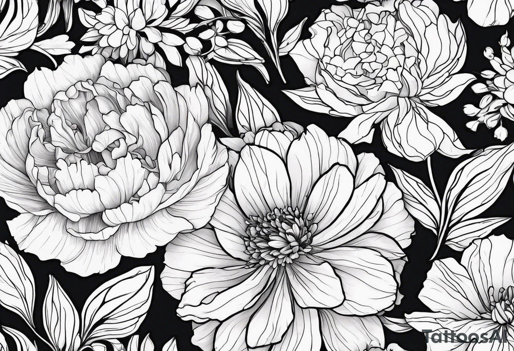 make me a black and white artwork that has one of each following flowers peony, carnation, daffodil, daphne, dahlia, desiree, daisy and rose tattoo idea