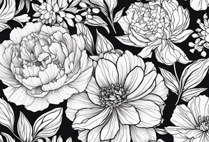 make me a black and white artwork that has one of each following flowers peony, carnation, daffodil, daphne, dahlia, desiree, daisy and rose tattoo idea