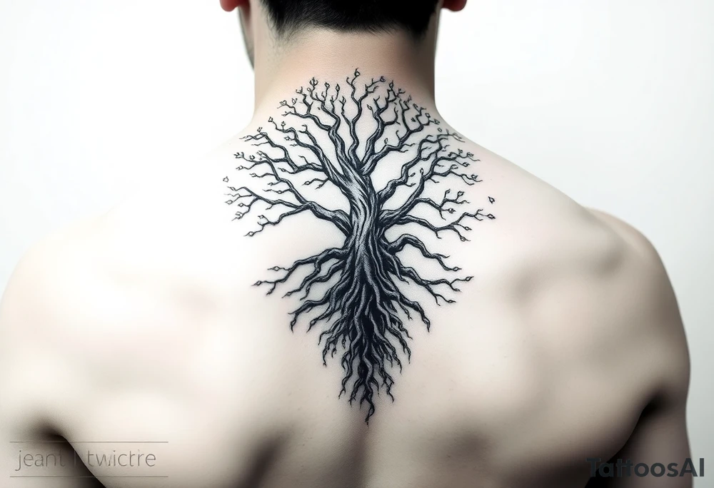 mystical tree of life with cosmic roots and celestial branches tattoo idea