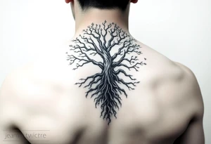 mystical tree of life with cosmic roots and celestial branches tattoo idea