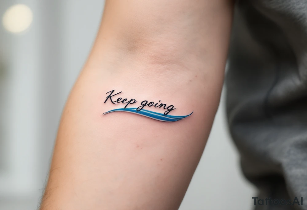 “Keep going” in sleek gray cursive, underlined with a cool blue wave. tattoo idea