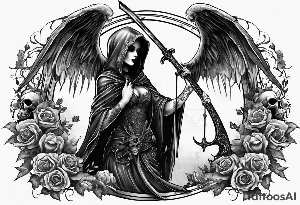 Lady grim reaper with wings, scythe and skulls tattoo idea Lady grim reaper with wings, scythe and skulls tattoo idea