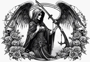 Lady grim reaper with wings, scythe and skulls tattoo idea