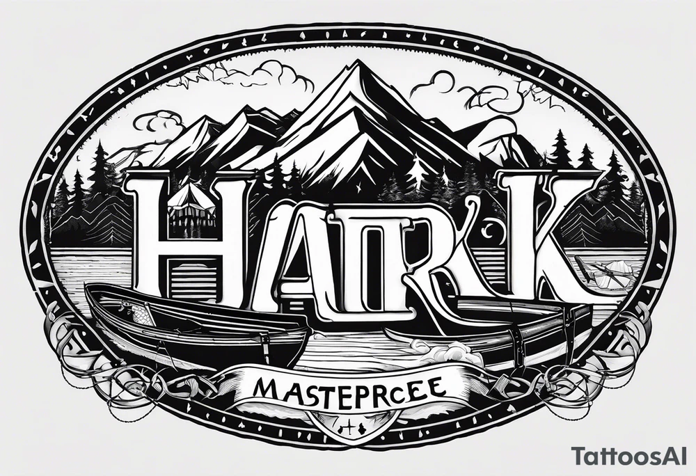 The word "HARK" as a banner with a mountain, a carabiner, compass, lake and an airplane in a circular design tattoo idea