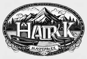 The word "HARK" as a banner with a mountain, a carabiner, compass, lake and an airplane in a circular design tattoo idea