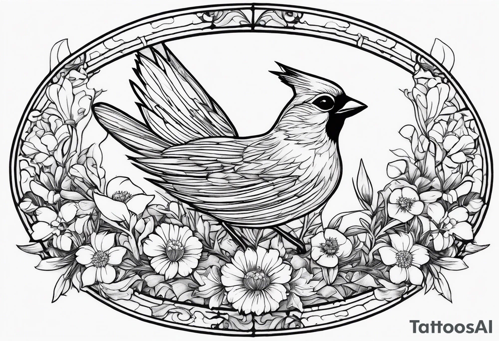 Oval shape with sea rocket and aster flowers with a small cardinal room in the center for a signature less ornate make the cardinal smaller and leave the center empty smaller cardinal and put it on the flowers tattoo idea