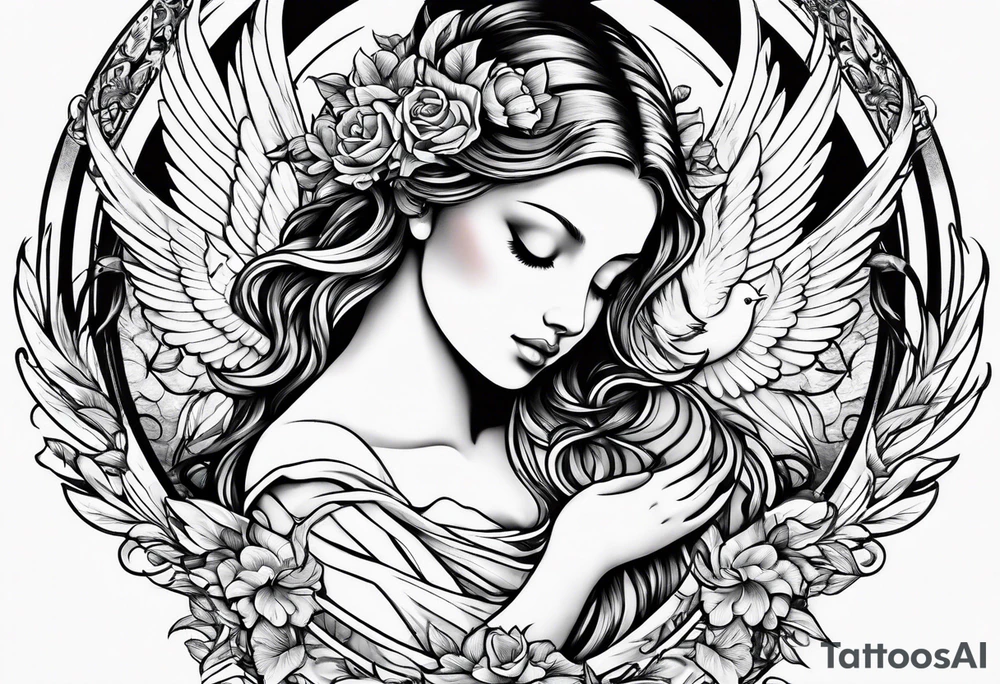 Praying angel with doves full sleeve tattoo idea