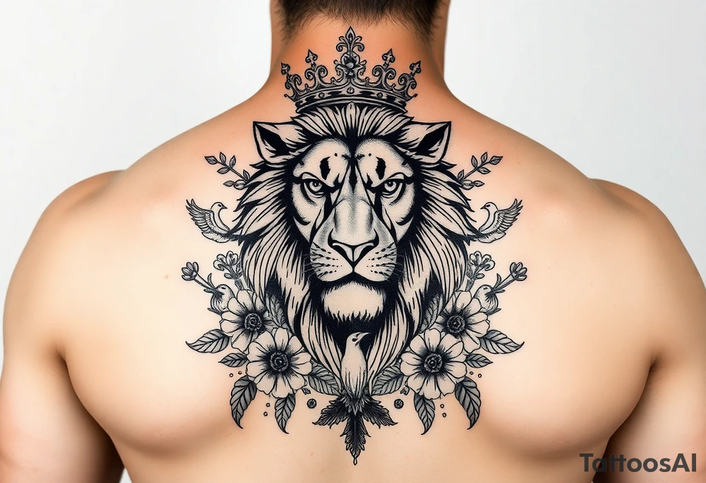 powerful majestic lion with a crown, surrounded by floral ornaments and birds tattoo idea