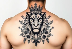 powerful majestic lion with a crown, surrounded by floral ornaments and birds tattoo idea