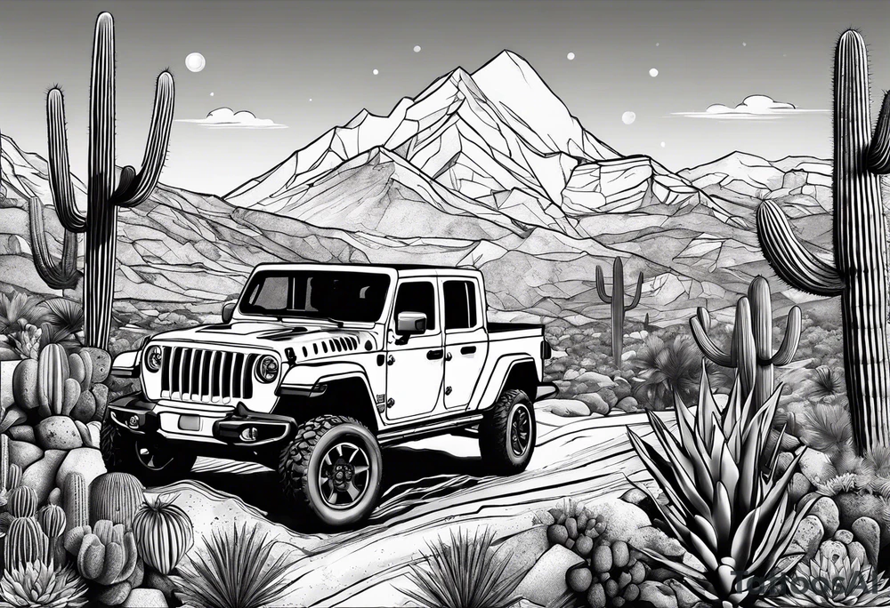 A dessert mountain with a donkey, a  jeep gladiator and cactus tattoo idea