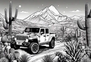 A dessert mountain with a donkey, a  jeep gladiator and cactus tattoo idea