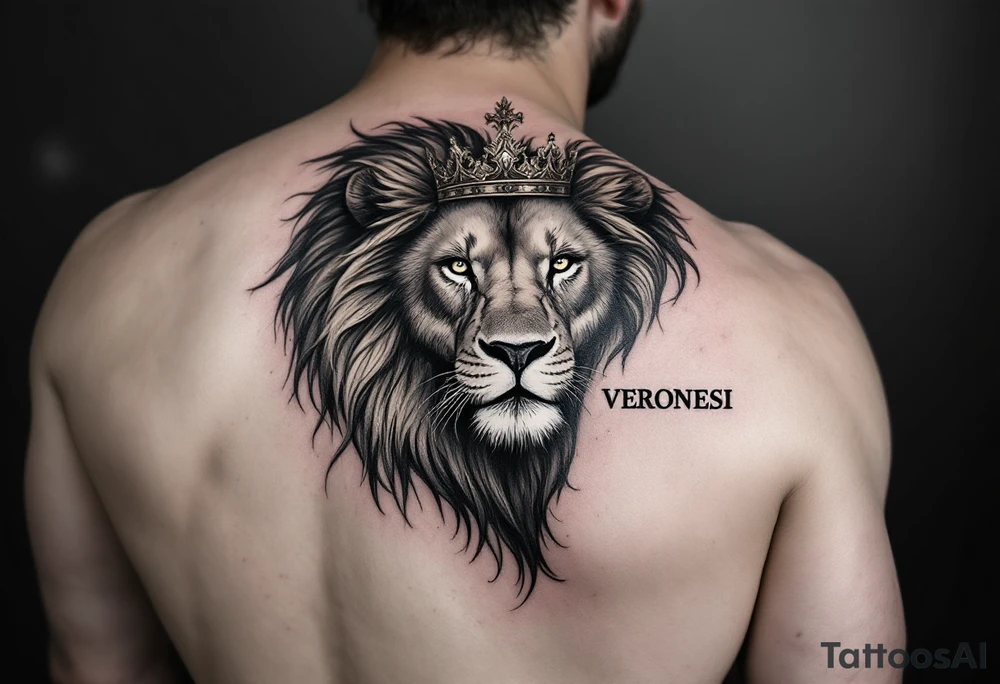 Realistic lion with whole body with crown and "VERONESI" name add on it tattoo idea