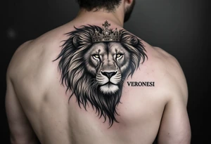 Realistic lion with whole body with crown and "VERONESI" name add on it tattoo idea