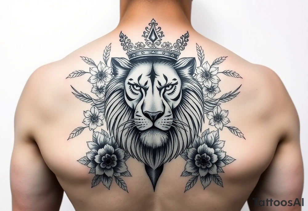 powerful majestic lion with a crown, surrounded by floral ornaments and birds tattoo idea