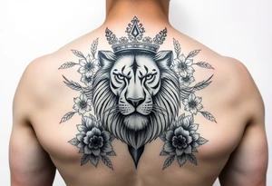 powerful majestic lion with a crown, surrounded by floral ornaments and birds tattoo idea